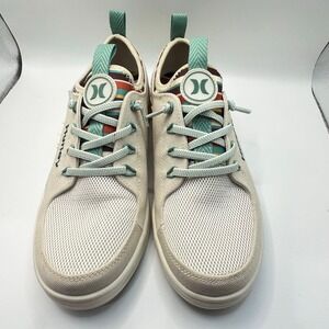 Hurley Women's Canvas Mesh Lace-Up Sneakers Cream Teal Striped Comfort Shoes 8